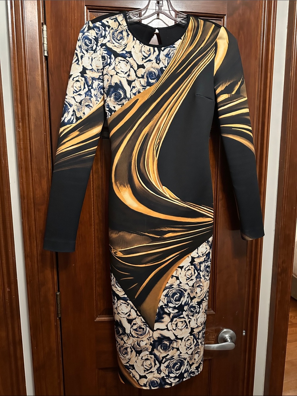 Clover Canyon Black and Gold Swirl & Floral Long Sleeve Bodycon Dress